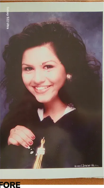 Discoloration on a 1980s-plus photograph, before hand restoration by MemoryCherish artists