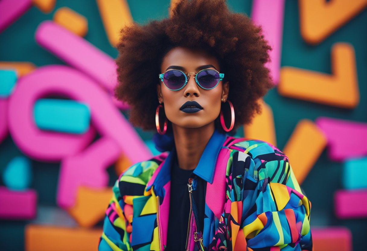 Vibrant neon colors, oversized shoulder pads, and bold patterns dominate the fashion scene. Hair is teased high, and leg warmers are a must-have accessory