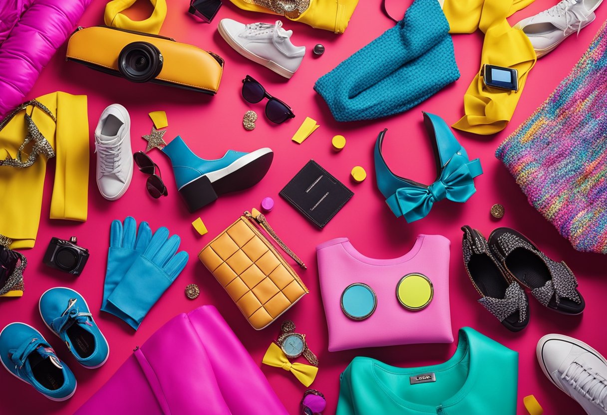 A colorful array of 80s fashion items displayed on a vibrant backdrop, including neon clothing, oversized jackets, leg warmers, and bold accessories