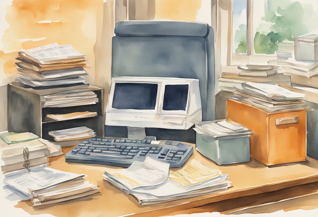 A desk with organized files, a computer displaying financial planning software, a stack of legal documents, a safe with important papers, and a calendar with important dates marked