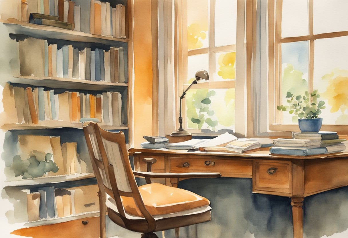 A desk with a pen, paper, and a sealed envelope. A bookshelf filled with journals and letters. A cozy chair in a well-lit room