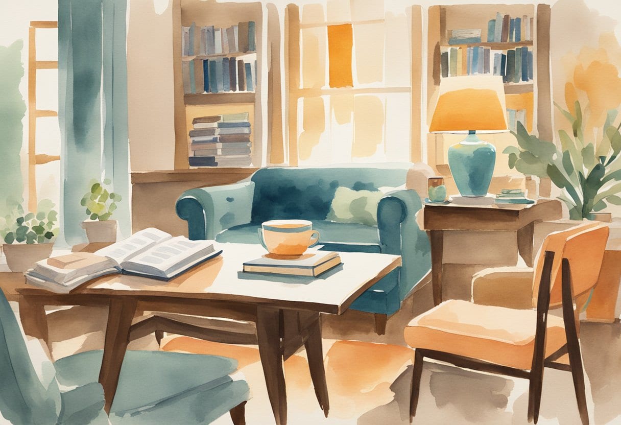 A table with a colorful playlist displayed on a screen, surrounded by comfortable seating and soft lighting. A stack of helpful books on grief and planning sits nearby