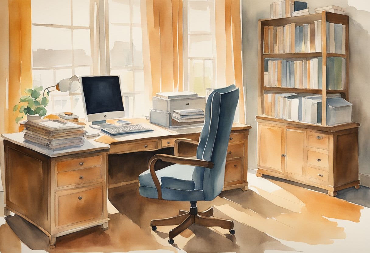A neatly organized desk with legal documents, a filing system, a computer, and a comfortable chair. A serene atmosphere with soft lighting and a sense of order and preparedness