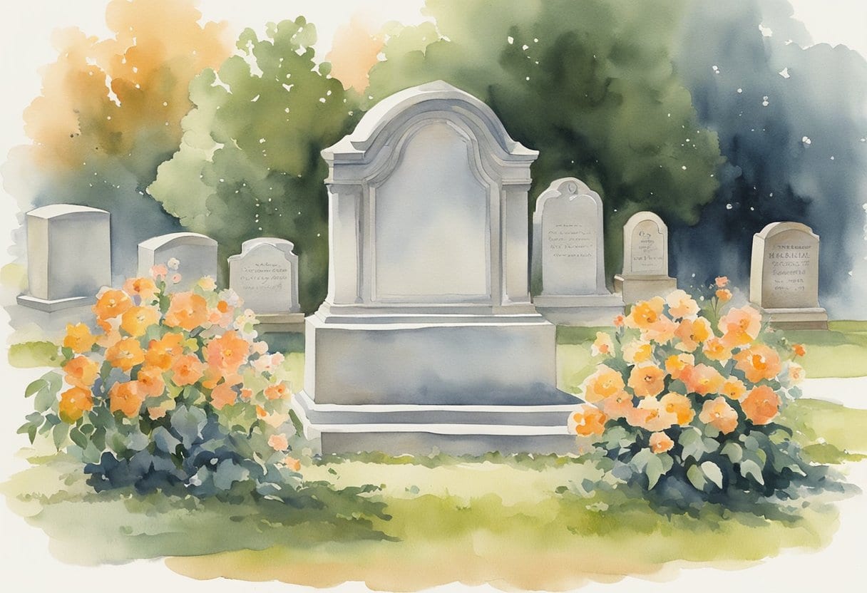 A serene cemetery with a peaceful atmosphere. A colorful flower arrangement adorns a headstone, while a comforting memorial bench sits nearby. The scene exudes a sense of thoughtful pre-planning and consideration for loved ones