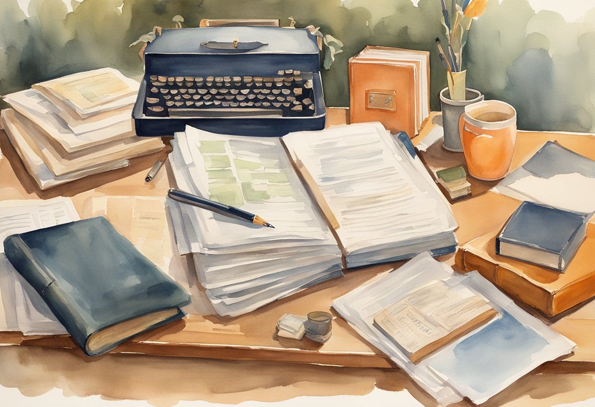 A desk with a pen and paper, a stack of legal documents, a family photo album, a safe with important documents, and a cozy reading nook with a will-making guide