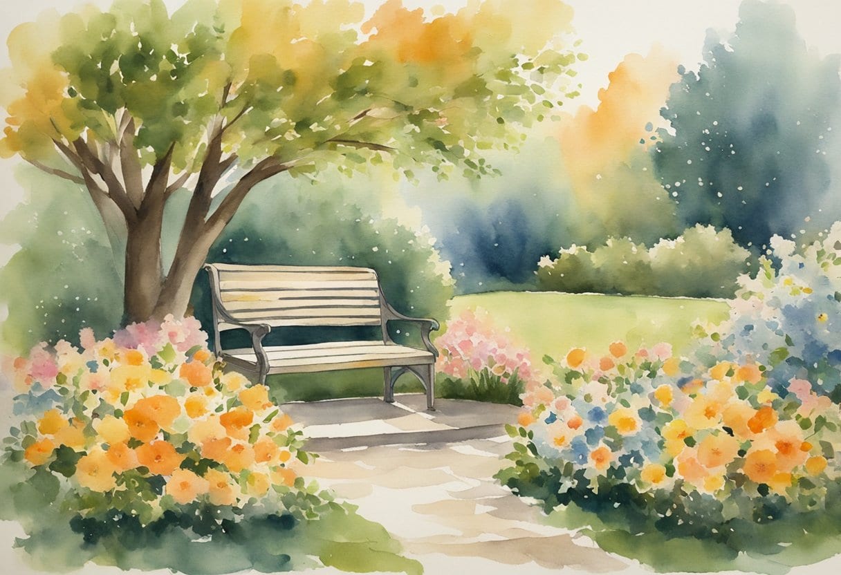A serene garden with a peaceful atmosphere, featuring a bench under a flowering tree, surrounded by gentle sunlight and colorful flowers