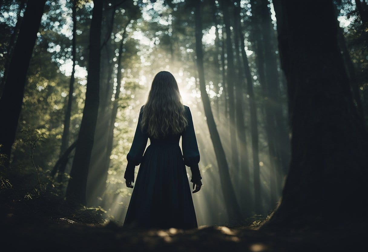 La Ciguapa, a female creature with long hair and backwards feet, lurks in the dark forest, surrounded by eerie glowing eyes and mysterious shadows
