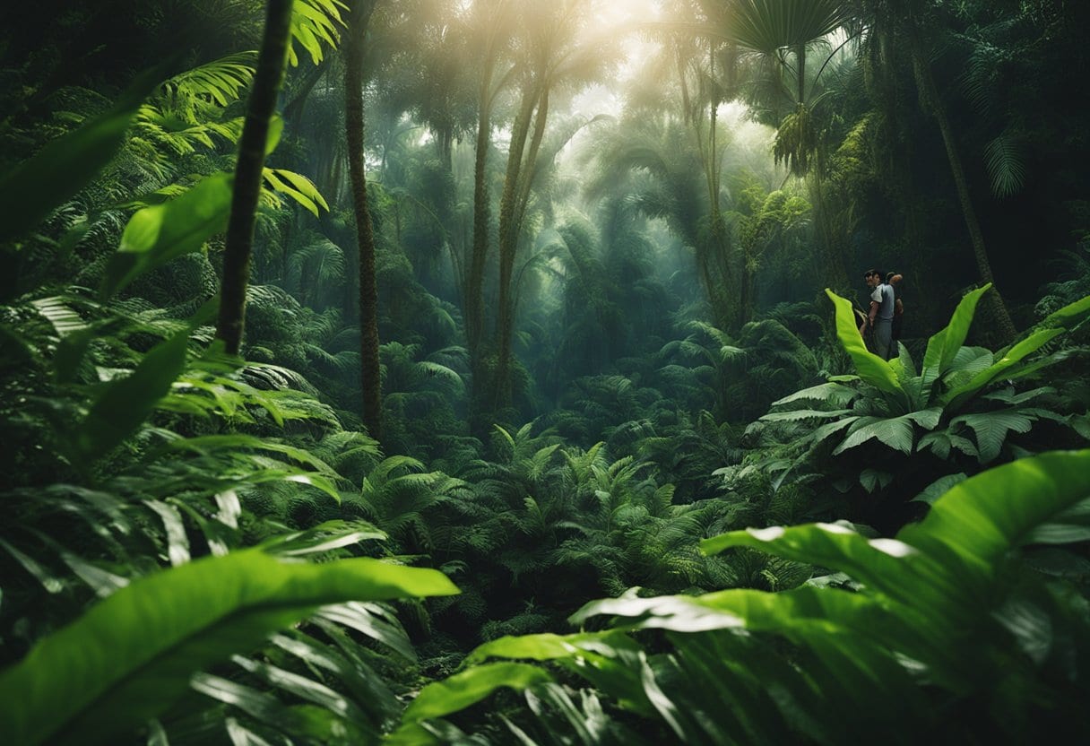 A lush, tropical forest with a mysterious, shadowy figure lurking in the background, surrounded by vibrant flora and fauna