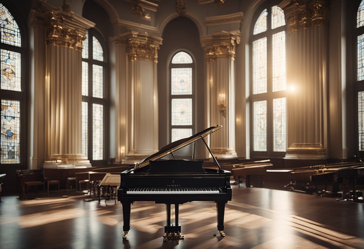 Beethoven's triumphant legacy portrayed through a grand piano surrounded by classical instruments, symbolizing his triumph over adversity