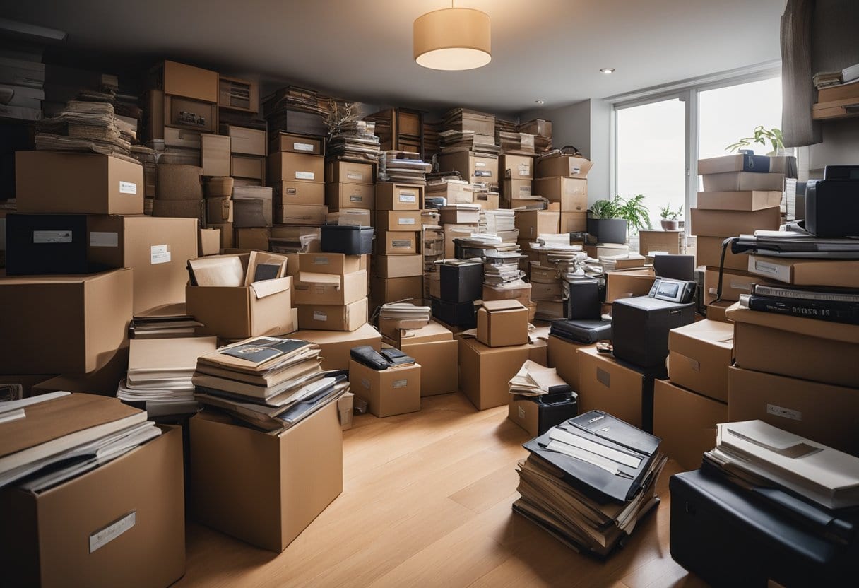 A cluttered room with stacks of books, boxes, and old belongings. A sense of organization and decluttering is evident through labeled containers and a clear path for walking