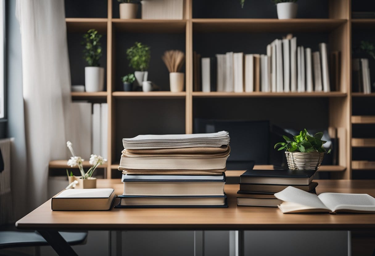 A tidy room with organized shelves, a clutter-free desk, and neatly folded linens. A Swedish death cleaning book sits prominently on the table