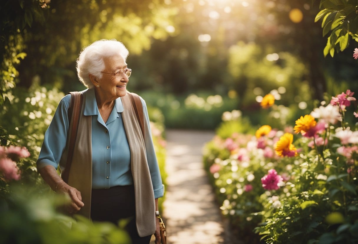 An elderly person walks briskly in a lush garden, surrounded by blooming flowers and chirping birds. The sun shines brightly, casting a warm glow over the scene, as the person smiles and enjoys the tranquility of the moment