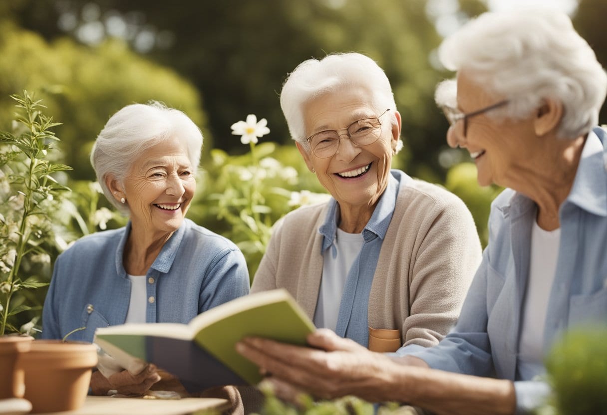 A group of seniors engaging in various leisure activities, such as gardening, painting, and reading, with smiles on their faces, depicting a positive and happy aging lifestyle