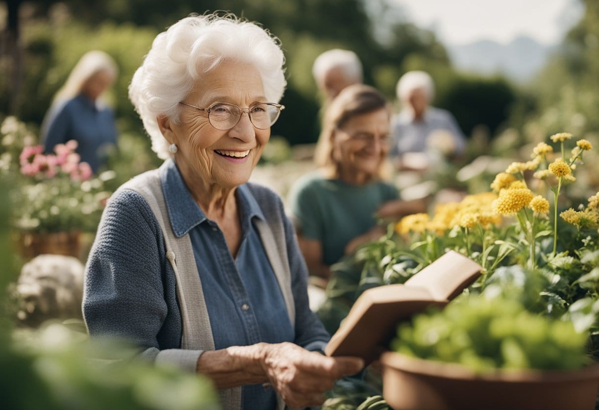An elderly person smiling while engaging in various activities like gardening, walking, reading, and socializing with friends