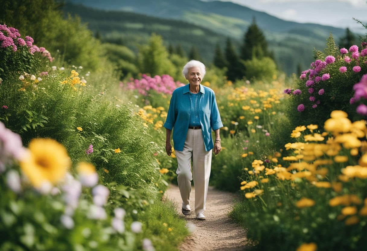 A serene elderly person enjoying a leisurely walk in a peaceful natural setting, surrounded by vibrant flowers and lush greenery