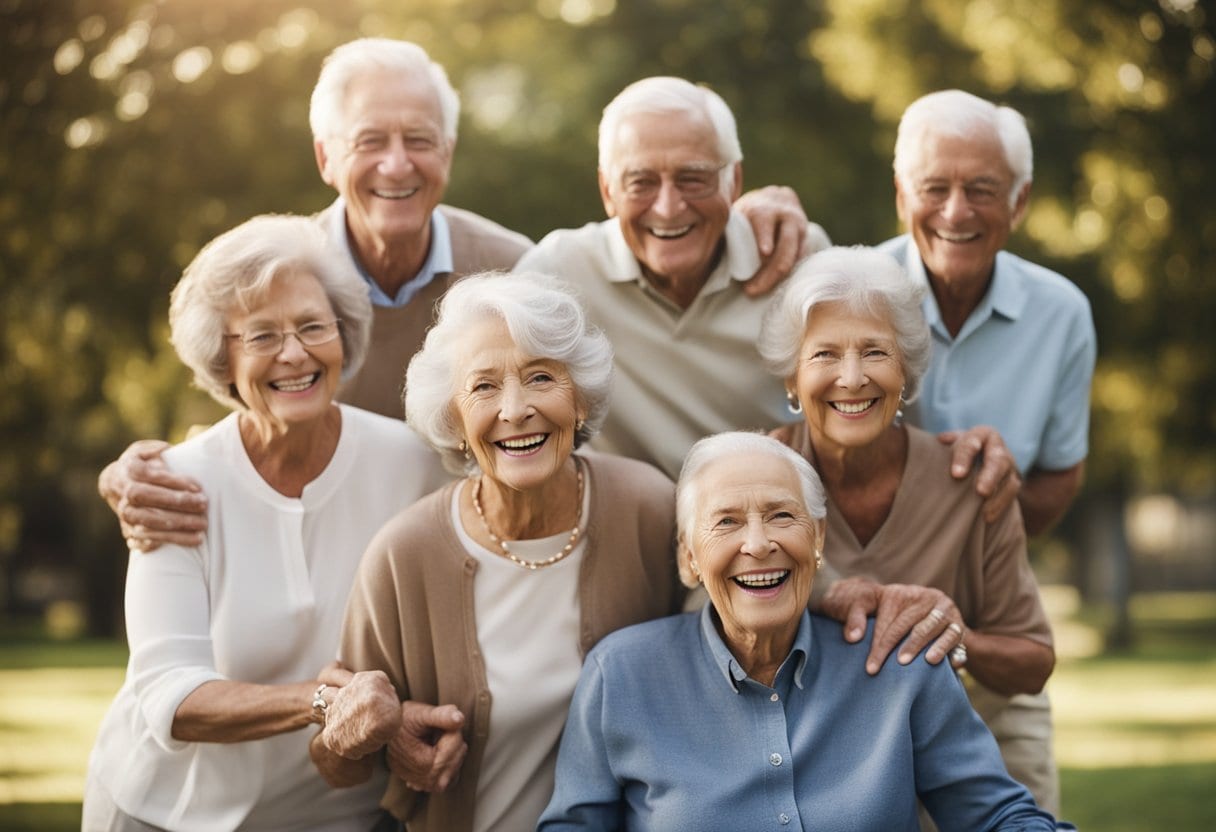 A group of seniors engage in various activities, smiling and laughing, surrounded by supportive interventions and embracing the challenges of aging