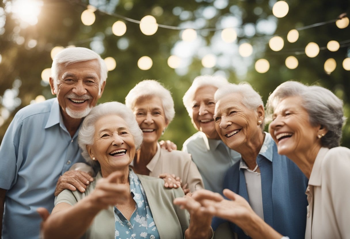 A group of elderly individuals engaged in various activities, smiling and laughing together, surrounded by symbols of joy and fulfillment