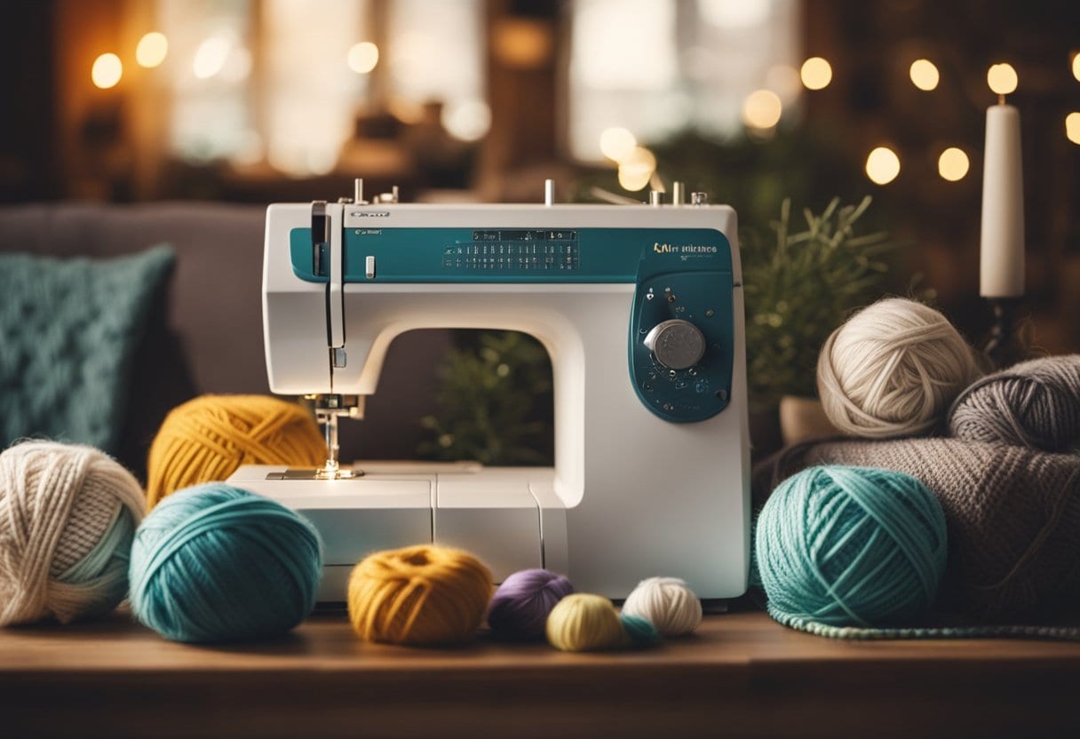 A cozy living room with knitting supplies and festive decorations. A sewing machine sits on a table, surrounded by crafting ideas and elder hobbies