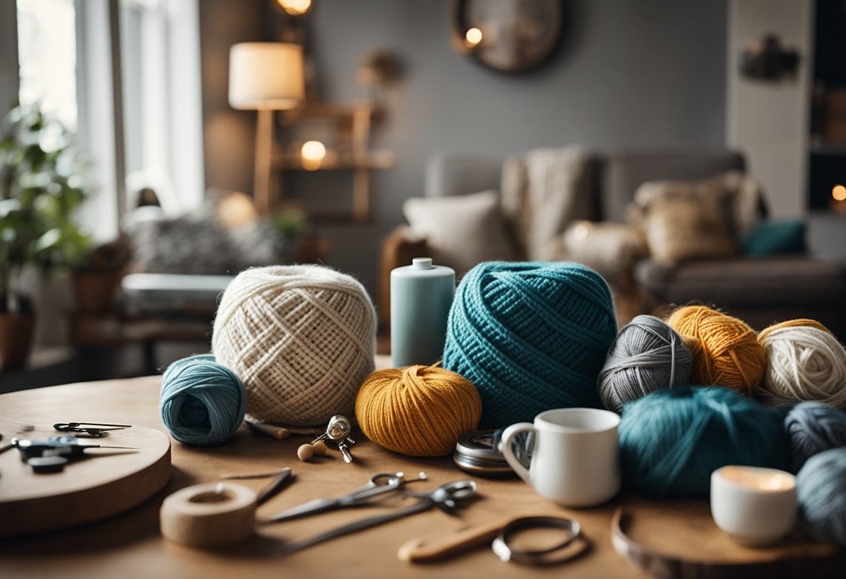A cozy living room with knitting supplies, sewing materials, and crafting tools spread out on a table. A group of elderly individuals engage in various hobbies and projects