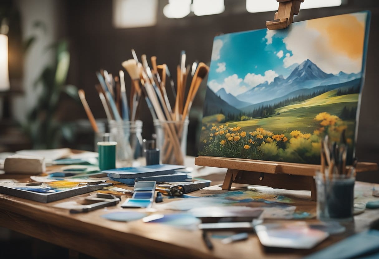 A table with various art supplies scattered around, including paintbrushes, colored pencils, and paper. A finished painting of a serene landscape sits on an easel in the background