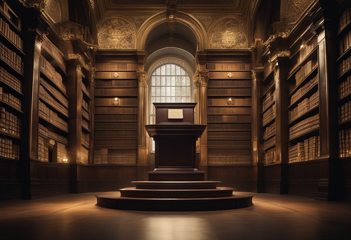 A podium stands in a grand hall, surrounded by towering shelves of historical documents. A spotlight illuminates the empty stage, symbolizing the future of oratory and the power of words