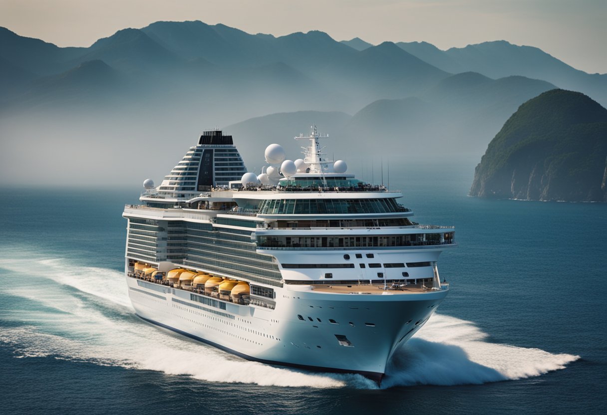 A luxurious cruise ship glides through calm waters, offering comfortable travel experiences. A scenic road winds through lush landscapes, providing unforgettable road trip enjoyment