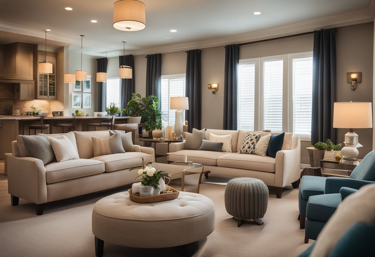 A cozy senior living room with comfortable furniture, soft lighting, and functional design elements. A warm color palette and decorative accents create a welcoming and homely atmosphere