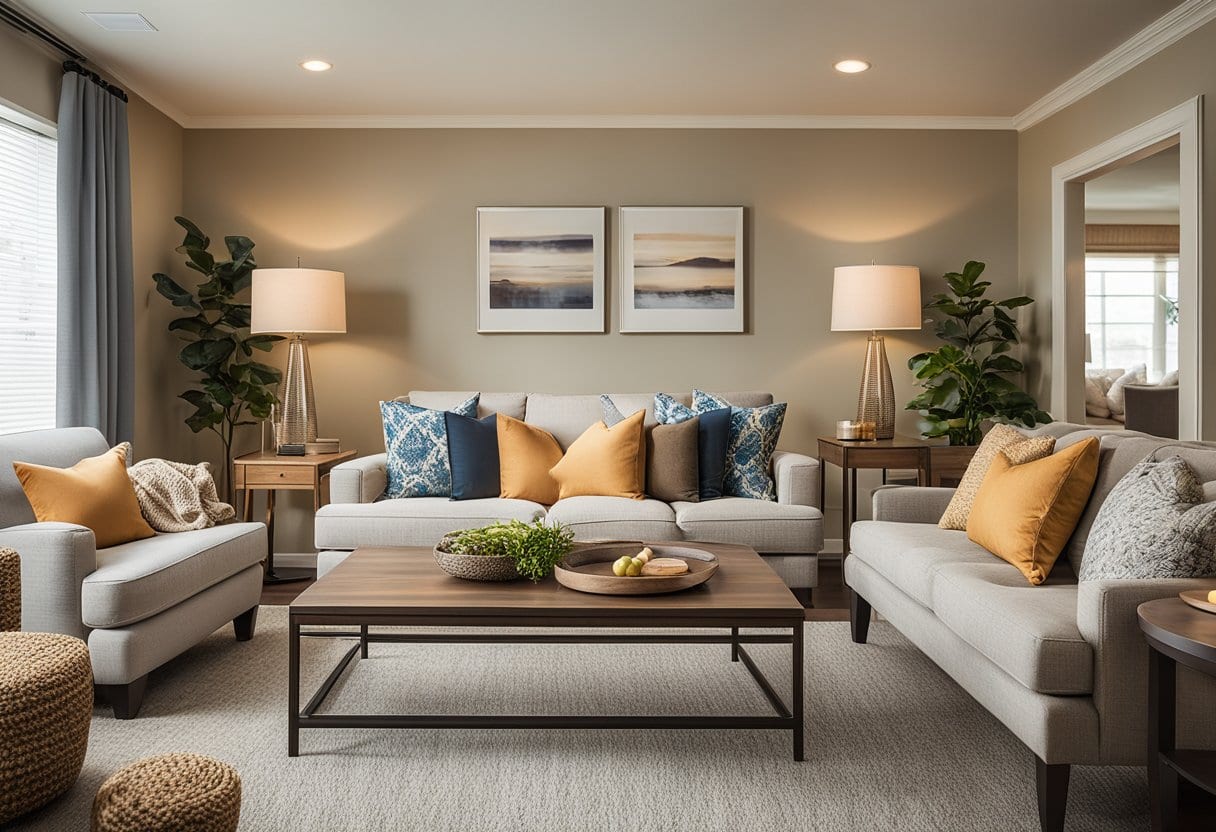 A cozy living room with soft, textured throw pillows, a warm, inviting color palette, and functional furniture arrangements for senior living