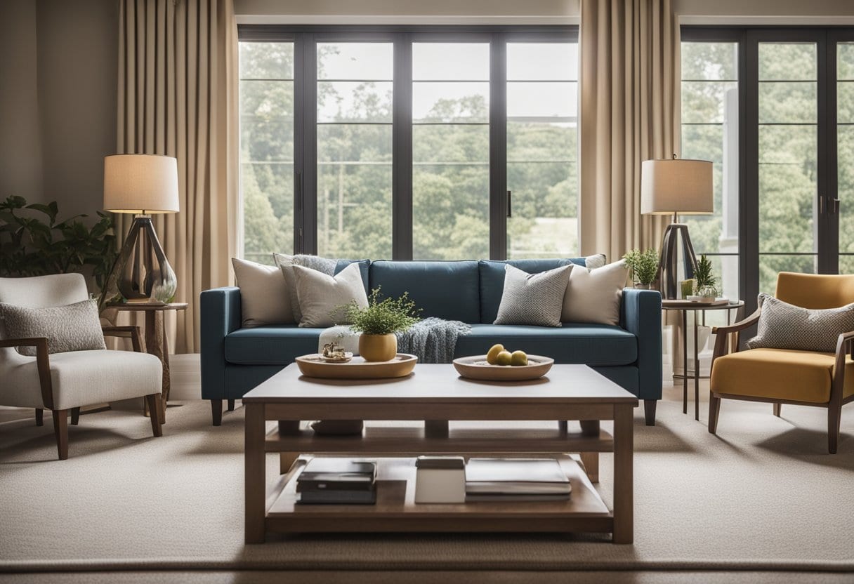 A well-lit living room with cozy furniture, a mix of modern and traditional accessories, and functional design elements for senior living