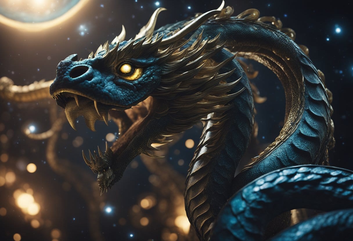 Tiamat, a colossal serpent, coils around the universe, her body adorned with celestial bodies. She battles the younger gods, creating the world from her dismembered body