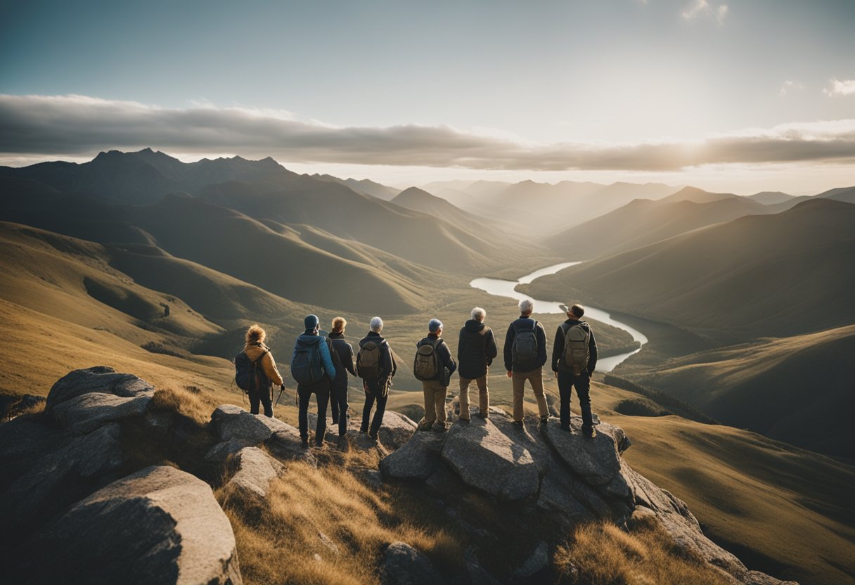 A group of senior adventurers stand atop a rugged mountain peak, gazing out at a breathtaking landscape of rolling hills and winding rivers, feeling a sense of accomplishment and inspiration for their next journey