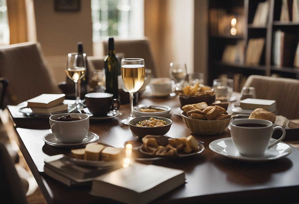 A table set with books, discussion guides, and refreshments. A cozy room with comfortable chairs and soft lighting. A welcoming atmosphere for book club members to gather and enjoy reading together