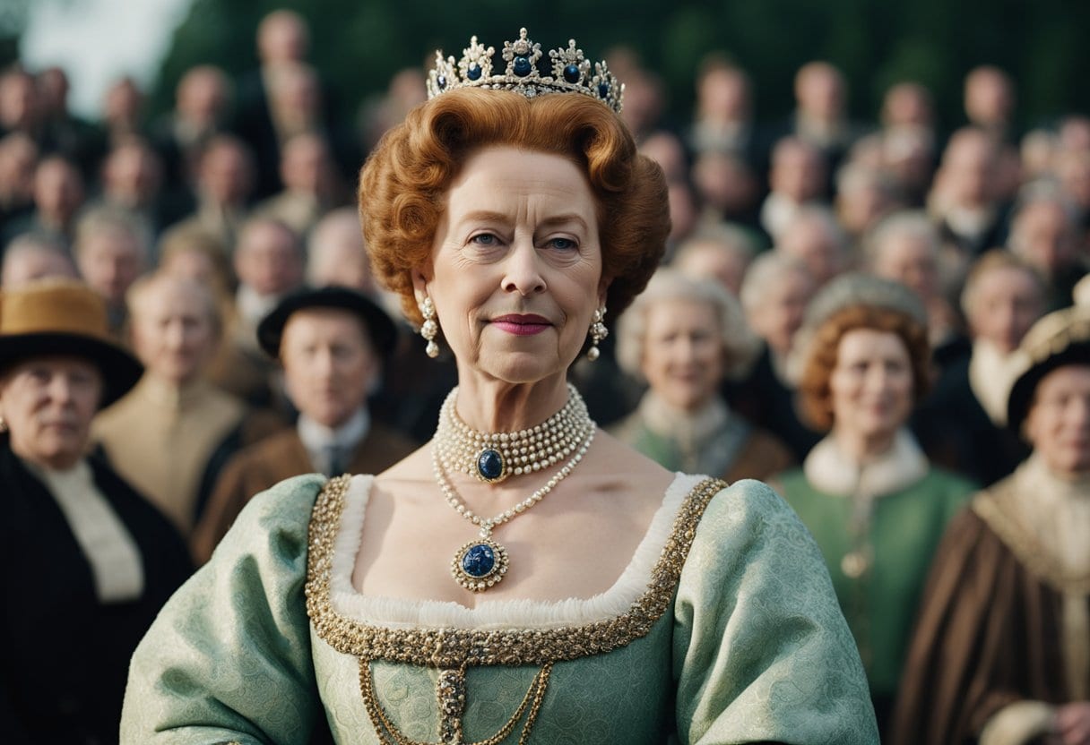 Queen Elizabeth I confidently addresses a crowd, symbolizing female leadership and historical monarchs