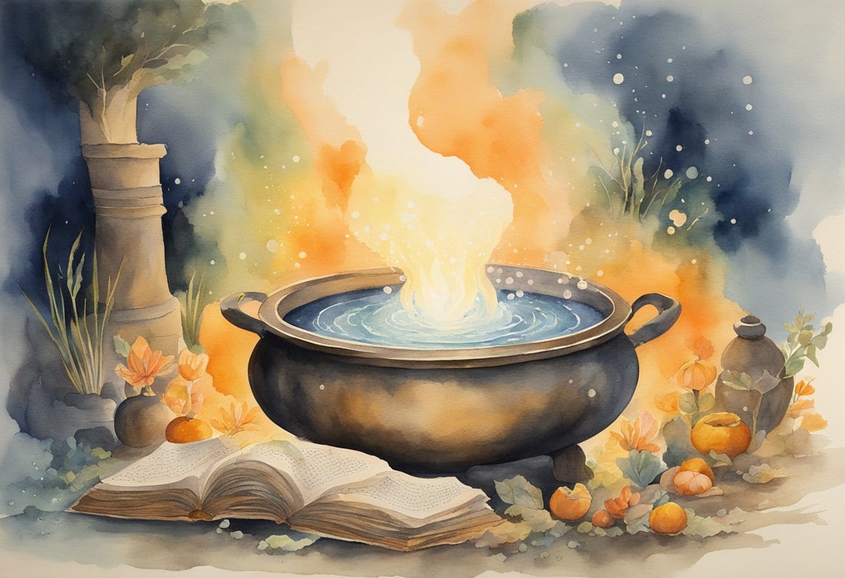 A bubbling cauldron emits a radiant glow, surrounded by ancient texts and mystical ingredients. A spring flows nearby, its waters shimmering with the promise of eternal youth