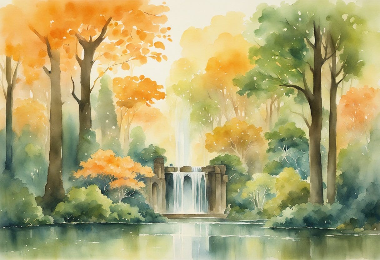 A lush, mystical forest surrounds a sparkling spring, emanating an otherworldly glow. Ancient ruins stand nearby, hinting at the elusive Fountain of Youth's hidden location