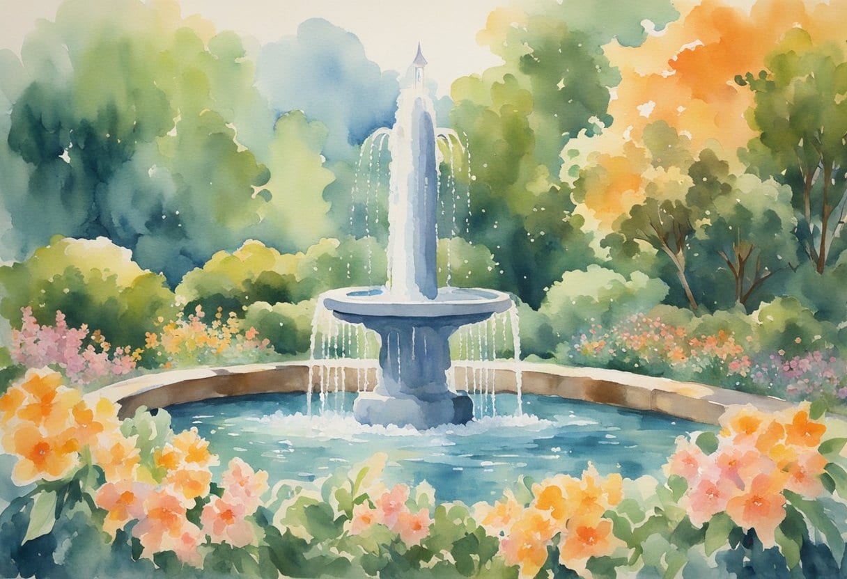 A sparkling, crystal-clear fountain gushes from the earth, surrounded by lush greenery and vibrant flowers. The water shimmers with a mystical glow, hinting at its legendary power to grant eternal life