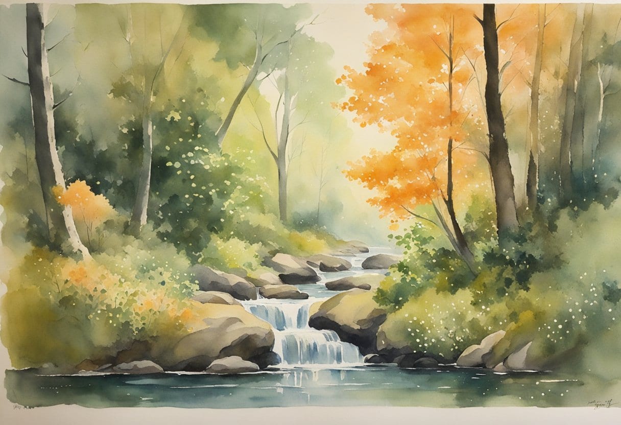 A sparkling stream flows through a lush, enchanted forest, its waters shimmering with a mystical glow. The 'Youth Spring' of Manguo exudes an otherworldly aura, promising eternal life to those who dare to drink from its magical
