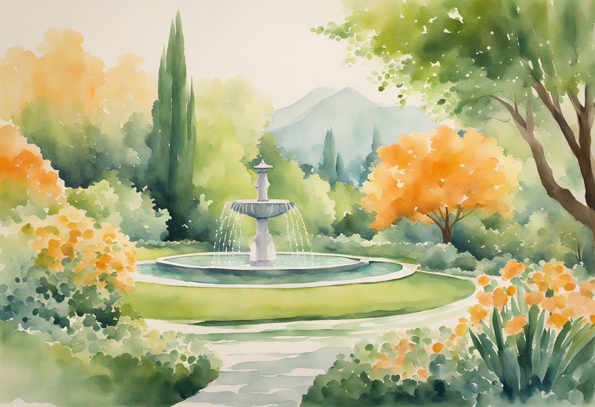 Lush green landscape with a sparkling, otherworldly fountain at the center. Surrounding flora exudes vitality and vibrancy. A sense of eternal youth and rejuvenation permeates the scene
