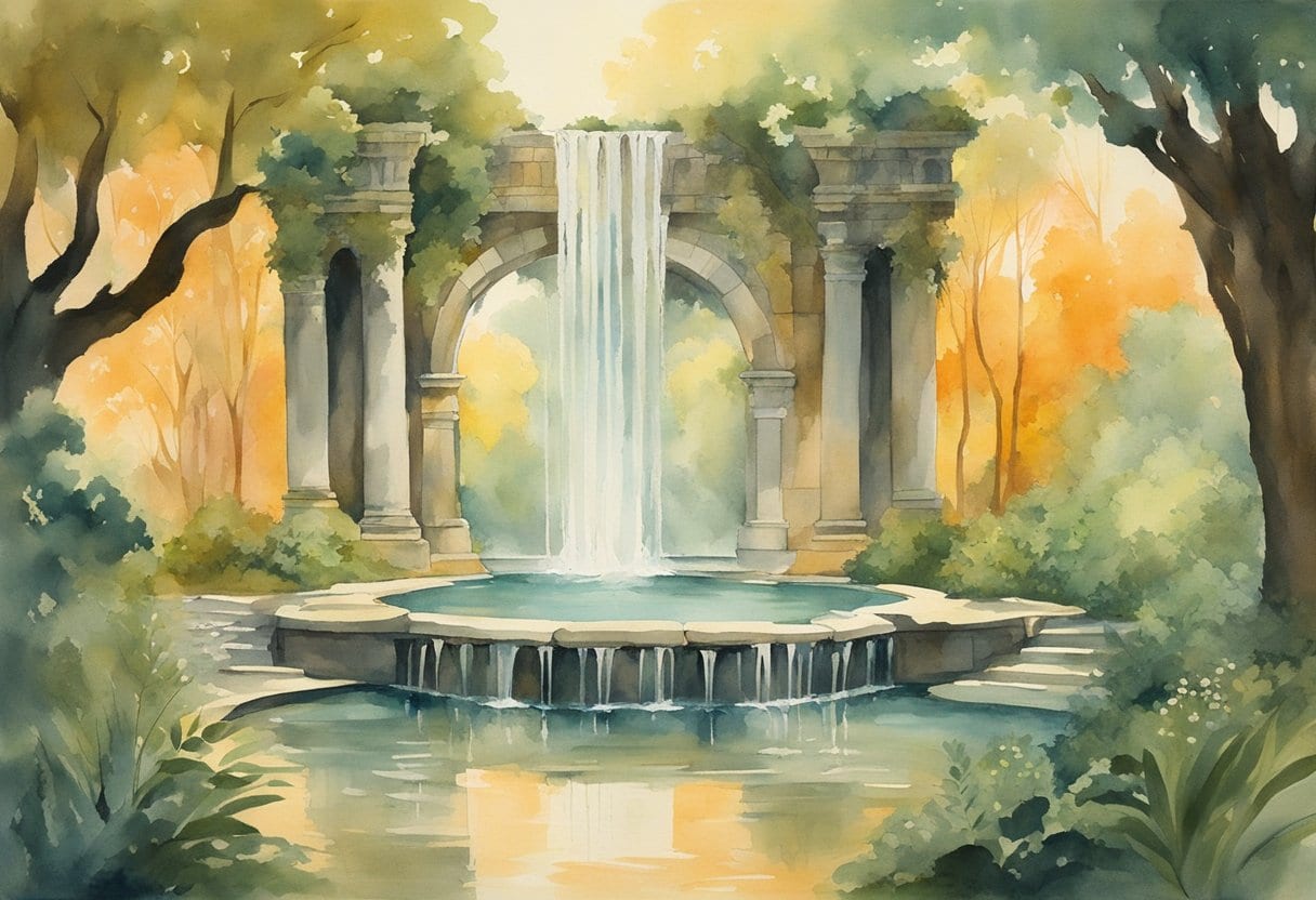 The Fountain of Youth glistens in a lush, mystical forest, surrounded by ancient ruins and shimmering with an otherworldly glow