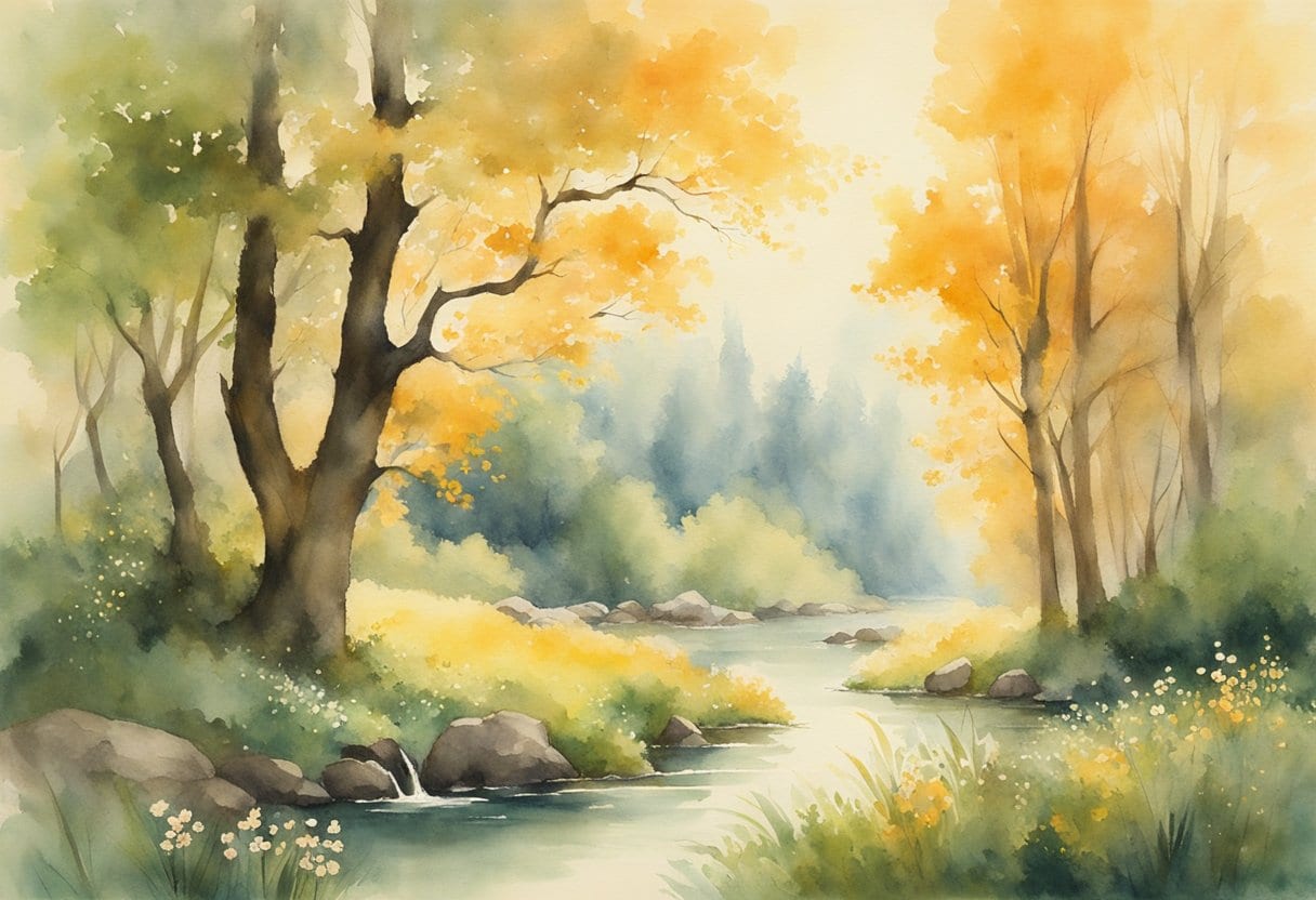 The legendary spring glistens in the golden sunlight, surrounded by lush greenery and mysterious mist. Its waters are said to bestow eternal life, drawing pilgrims from far and wide
