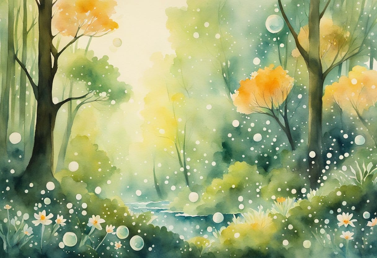 A sparkling spring bubbles in a lush, ancient forest. Its waters shimmer with an otherworldly glow, surrounded by vibrant flora and fauna. The air is filled with a sense of mystery and magic