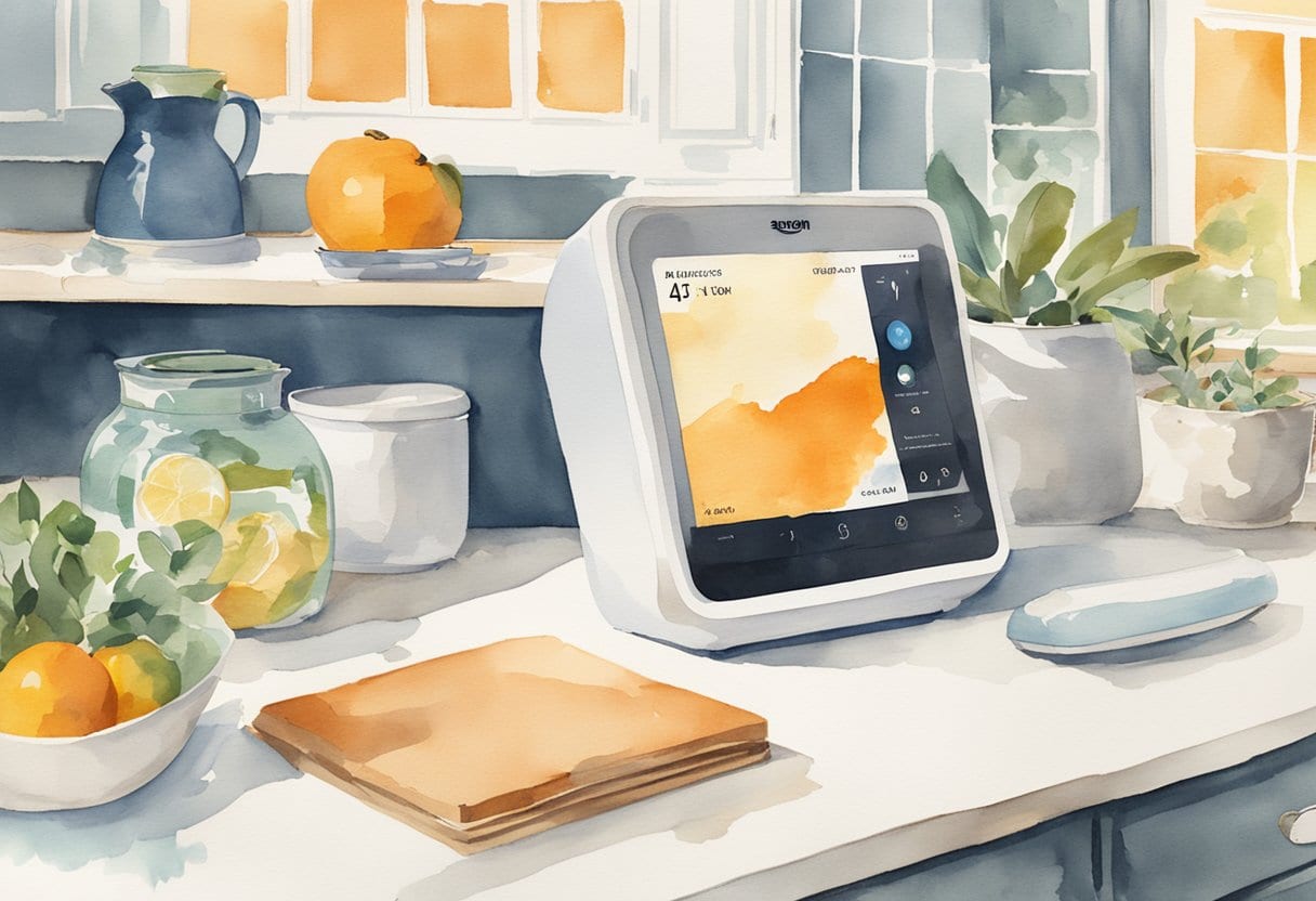 An Amazon Echo Show 10 sits on a kitchen counter, surrounded by senior-friendly smart home devices and assistive technology