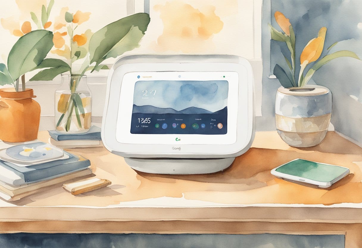 A Google Nest Hub Max sits on a table surrounded by senior-friendly assistive devices and smart home technology