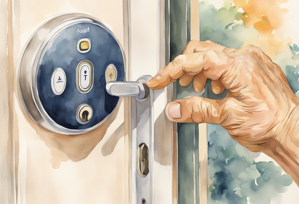 An elderly person's hand reaches out to touch the August Smart Lock Pro on the door, surrounded by other senior-friendly assistive devices and smart home technology