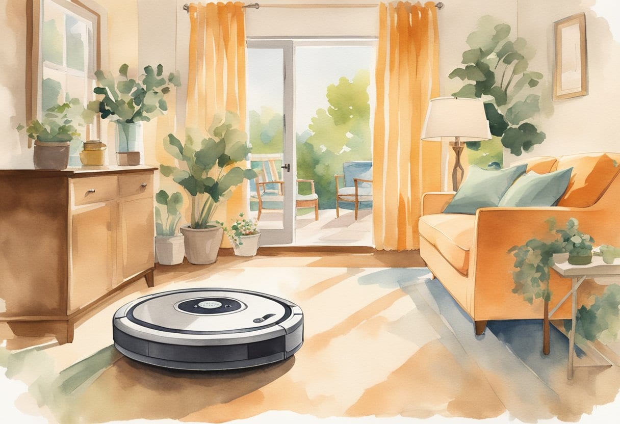 A iRobot Roomba 960 navigating a senior-friendly smart home with assistive devices and smart tech