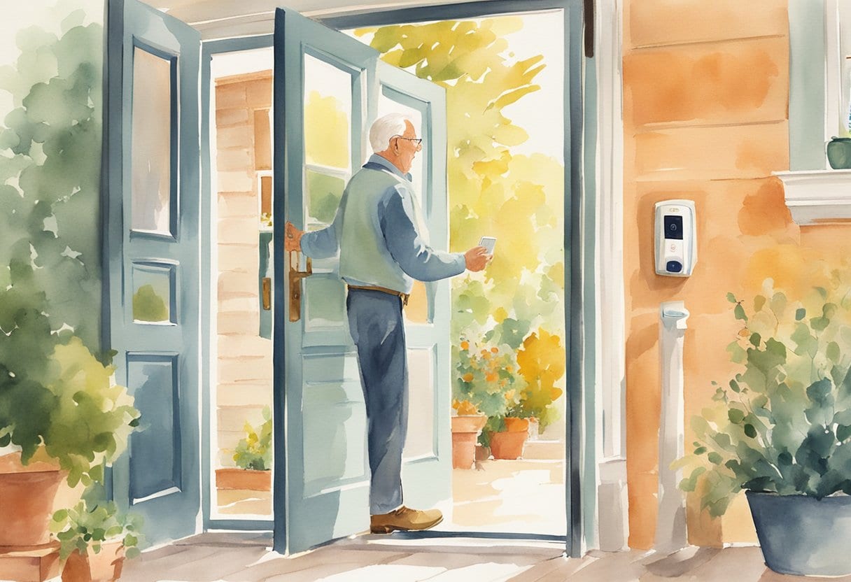 A senior opens the door, greeted by the Eufy Security Video Doorbell. Smart home devices surround them, emphasizing assistive technology