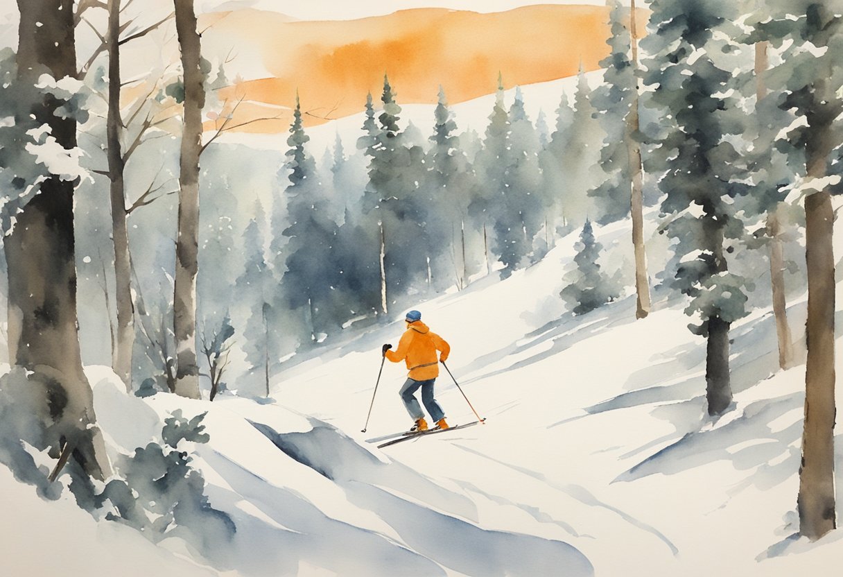 Elderly skier glides through snowy forest, surrounded by tall trees and pristine white landscape