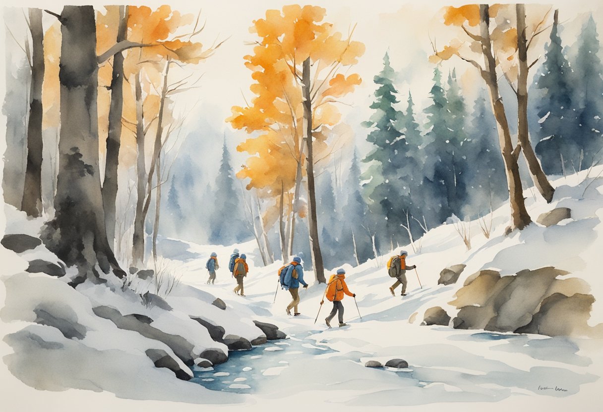 Elderly hikers trek through snowy forest, passing by snow-covered trees and frozen stream. Snowshoes and trekking poles visible