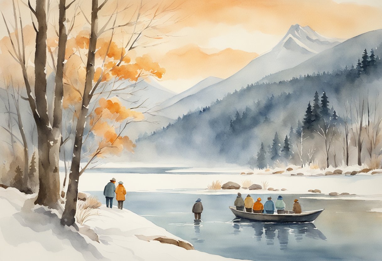 A serene frozen lake with a small fishing hole surrounded by elderly individuals bundled up in warm winter gear, patiently waiting for a bite. Snow-covered trees and mountains in the background complete the tranquil scene