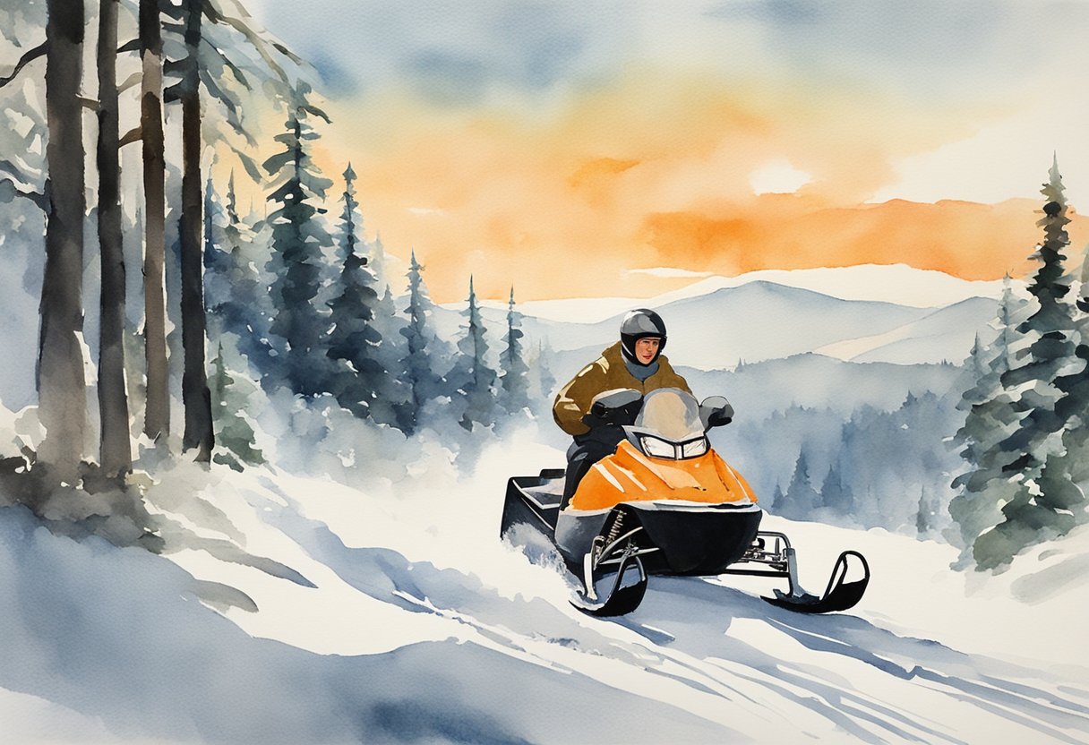 Elderly snowmobiling through snowy forest, mountains in background